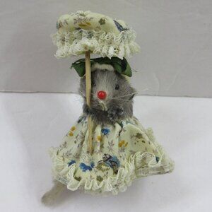 Original Fur Toy Mouse West Germany Floral & Lace Dress With Parasol Vintage